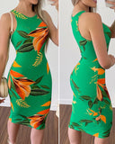 Tropical Leaves Print Sleeveless Bodycon Dress