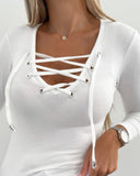 Lace up Asymmetrical Neck Long Sleeve Top