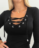 Lace up Asymmetrical Neck Long Sleeve Top