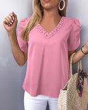 Puff Sleeve Braided V Neck Top