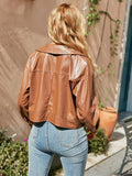 snap front cropped pu leather jacket