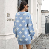 cloud print lantern sleeve v neck sweater dress