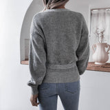rib knit lantern sleeve wrap sweater
