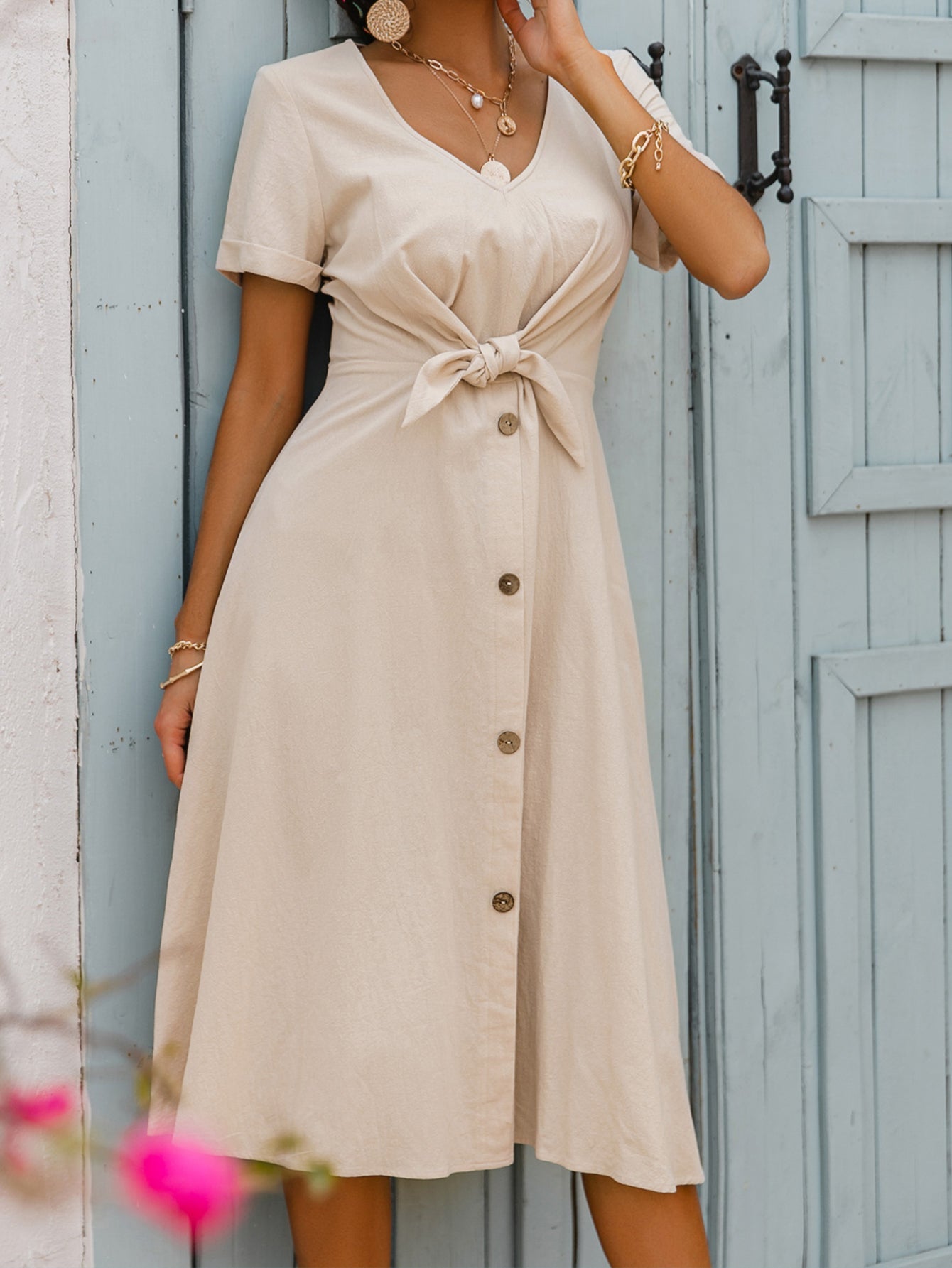 buttoned tie front midi dress
