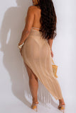 Casual Solid Tassel Hollowed Out Backless High Opening Swimwears Cover Up