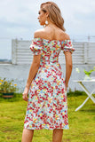 floral off shoulder puff sleeve split dress