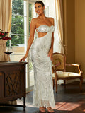 sequin contrast strapless sweetheart neck maxi dress