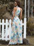 floral mock neck sleeveless tiered maxi dress