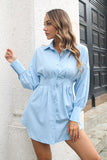 button front pleated detail curved hem shirt dress
