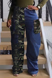 Street Camouflage Print Patchwork Pocket Buttons Zipper Mid Waist Straight Denim Jeans