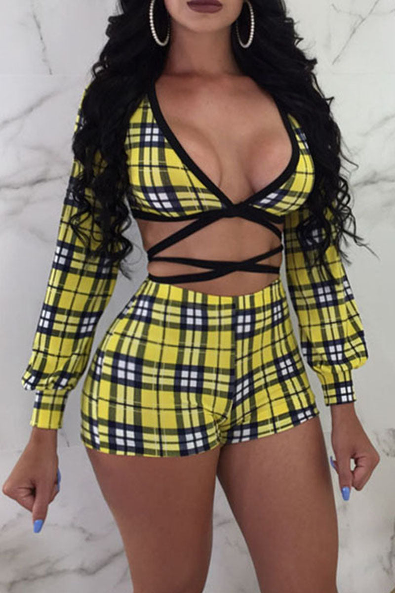 Sexy Plaid Print Bandage Split Joint V Neck Long Sleeve Two Pieces