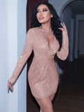 sequined twist front plunge bodycon dress
