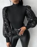 Contrast Sequin Puff Sleeve Ribbed Top