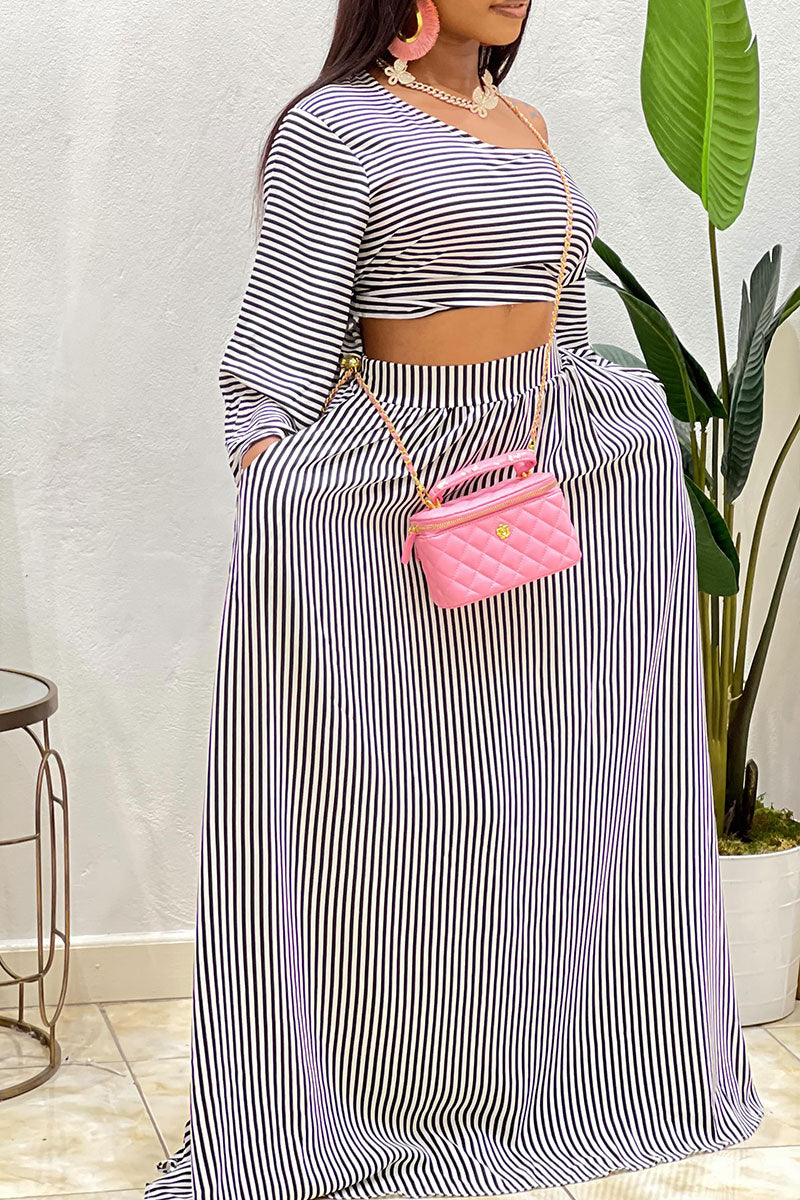 Casual Daily Simplicity Striped U Neck Long Sleeve Two Pieces