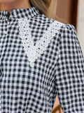 gingham lace trim band collar shirt