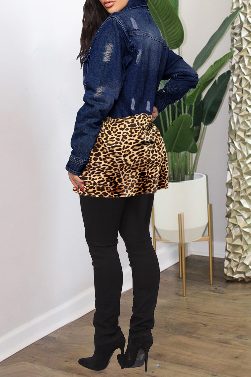 Casual Leopard Split Joint Mandarin Collar Plus Size Overcoat