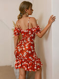 floral layered ruched cold shoulder mini dress