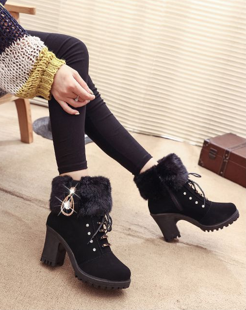 nubuck leather faux fur hoof heel lace up ankle boots