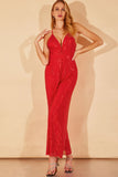 sequined spaghetti strap plunge wide leg jumpsuit