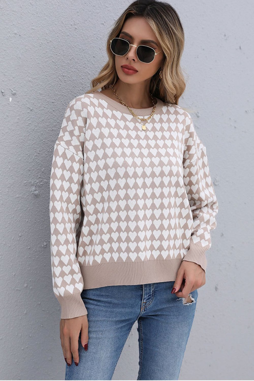 heart pattern round neck sweater