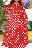 Casual Dot Split Joint O Neck Cake Skirt Plus Size Two Pieces