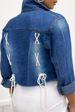 Casual Solid Draw String Turndown Collar Long Sleeve Regular Denim Jacket