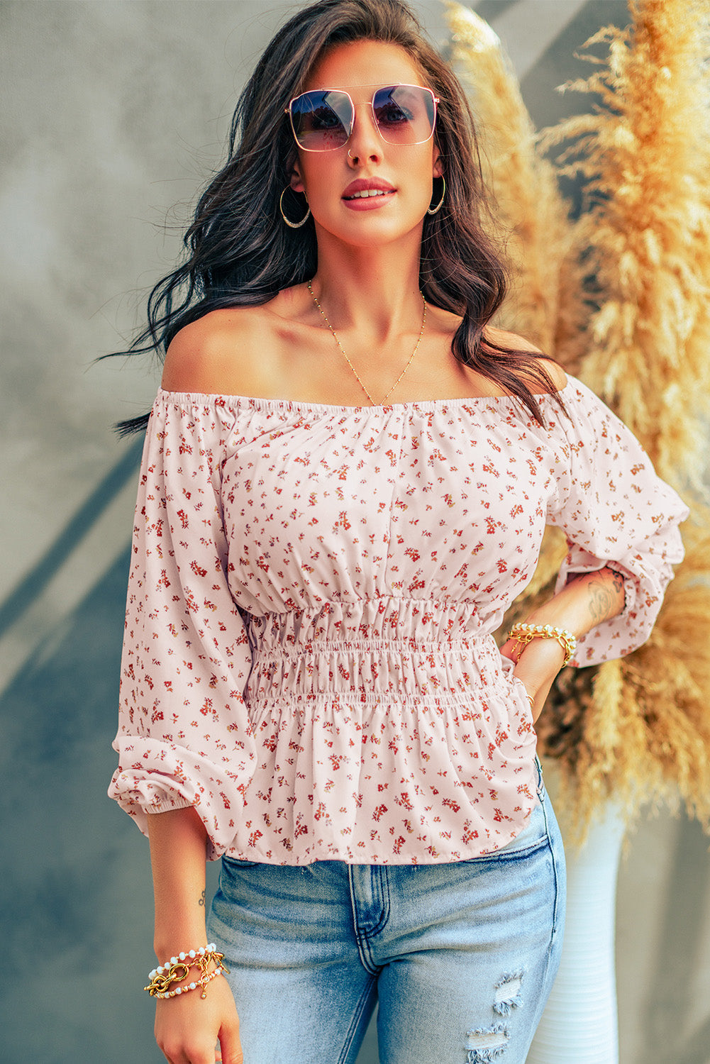 ditsy floral off shoulder balloon sleeves peplum blouse