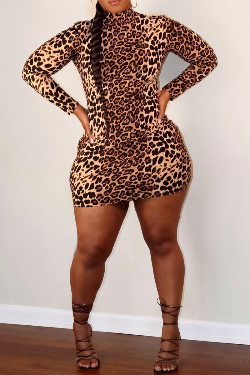 Sexy Leopard Split Joint Half A Turtleneck Pencil Skirt Plus Size Dresses