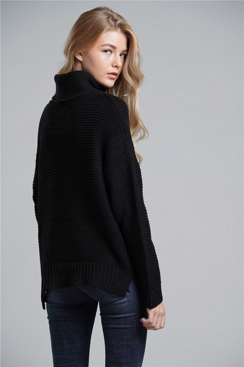 horizontal ribbing side slit turtleneck sweater