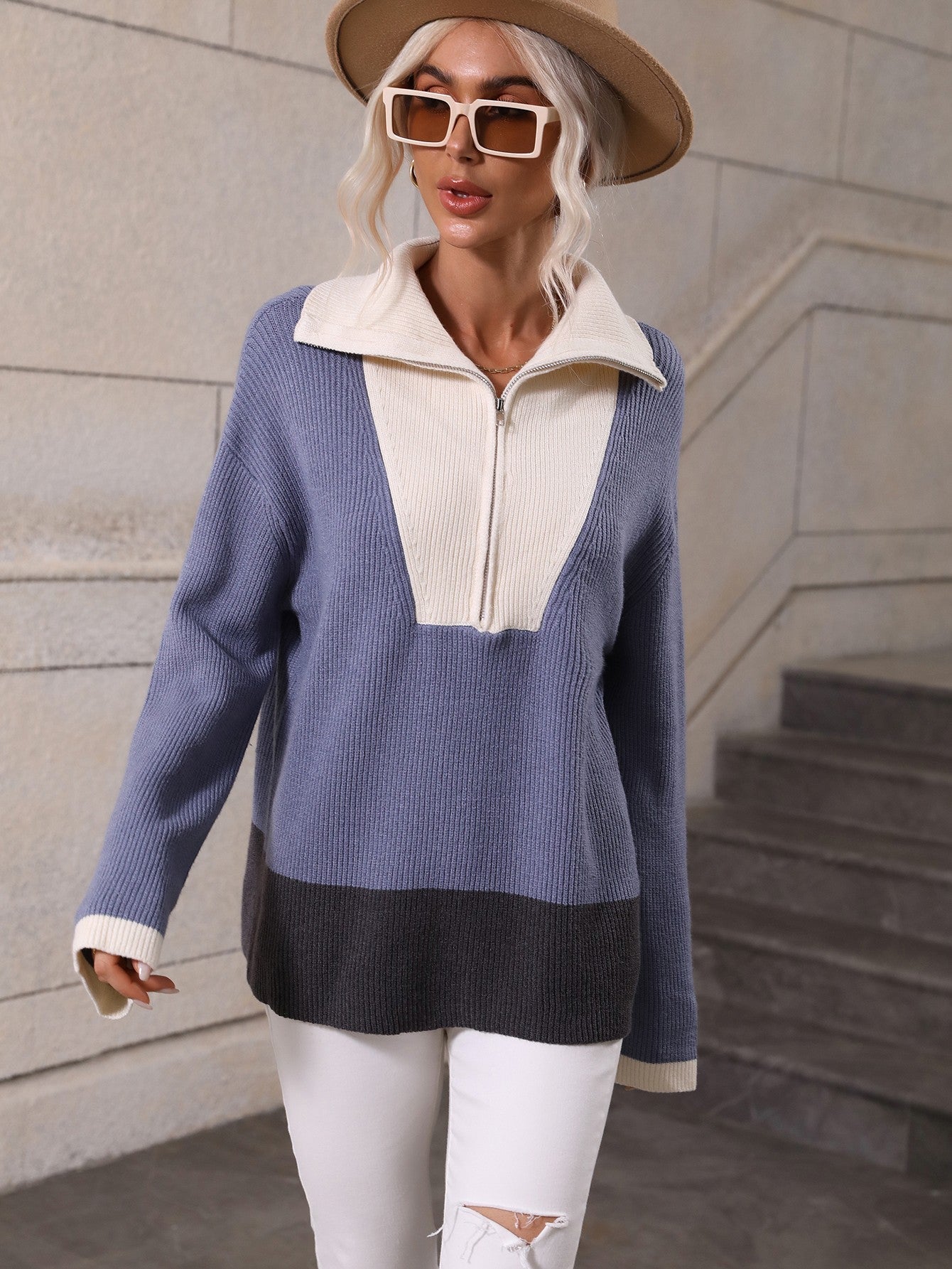 contrast half zip rib knit sweater