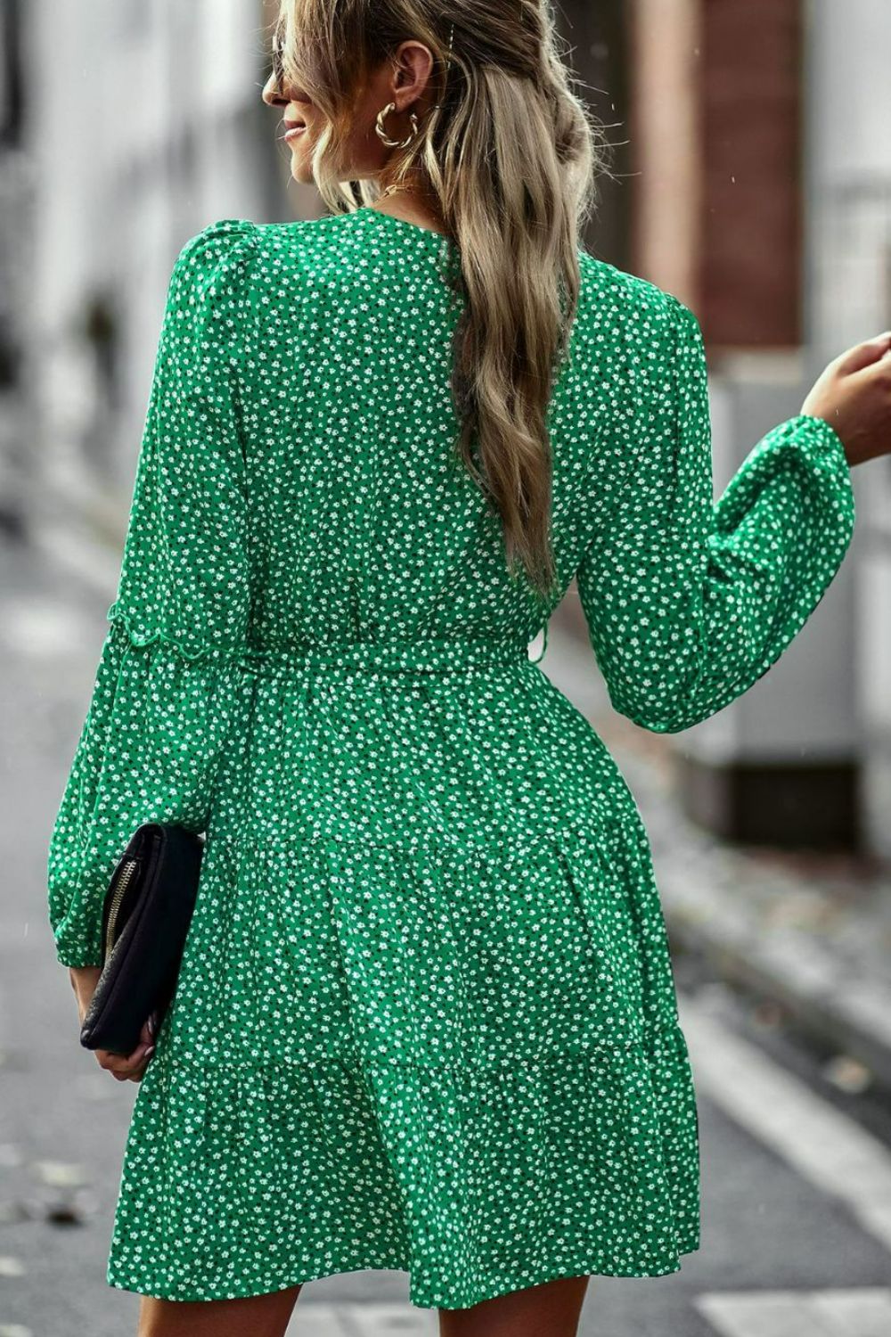 floral belted puff sleeve mini dress
