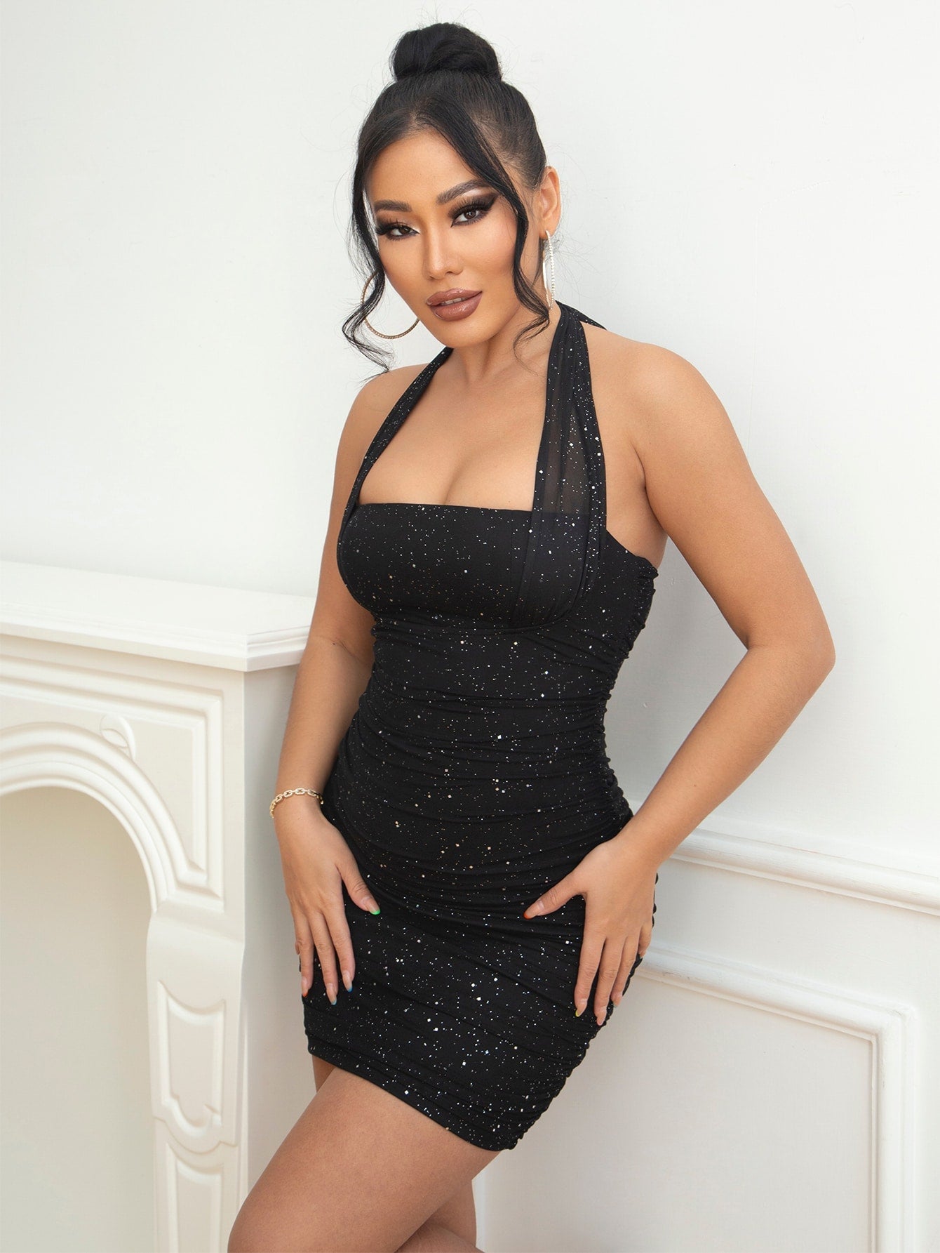sequin ruched backless halter bodycon dress