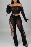 Solid Bandage See-through Off the Shoulder Long Sleeve Two PiecesPre-sale
