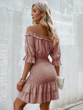 off shoulder ruffled layered mini dress