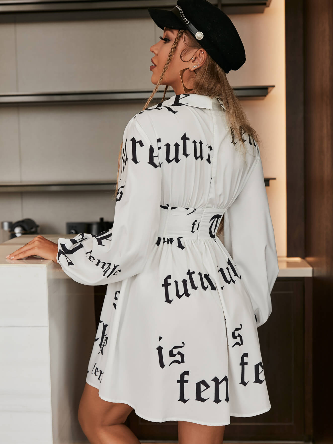 letter print collared long sleeve a line dress