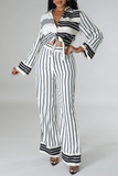Casual Striped Patchwork Knotted Turndown Collar Long Sleeve Two Pieces