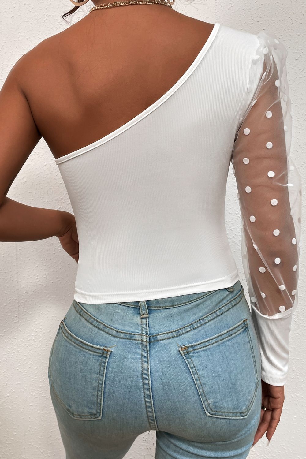 polka dot spliced mesh sleeve cropped top