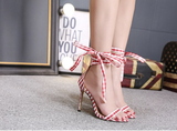 classic scottish plaid cross tied ankle strap high heeled sandals