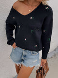 floral embroidery v neck sweater
