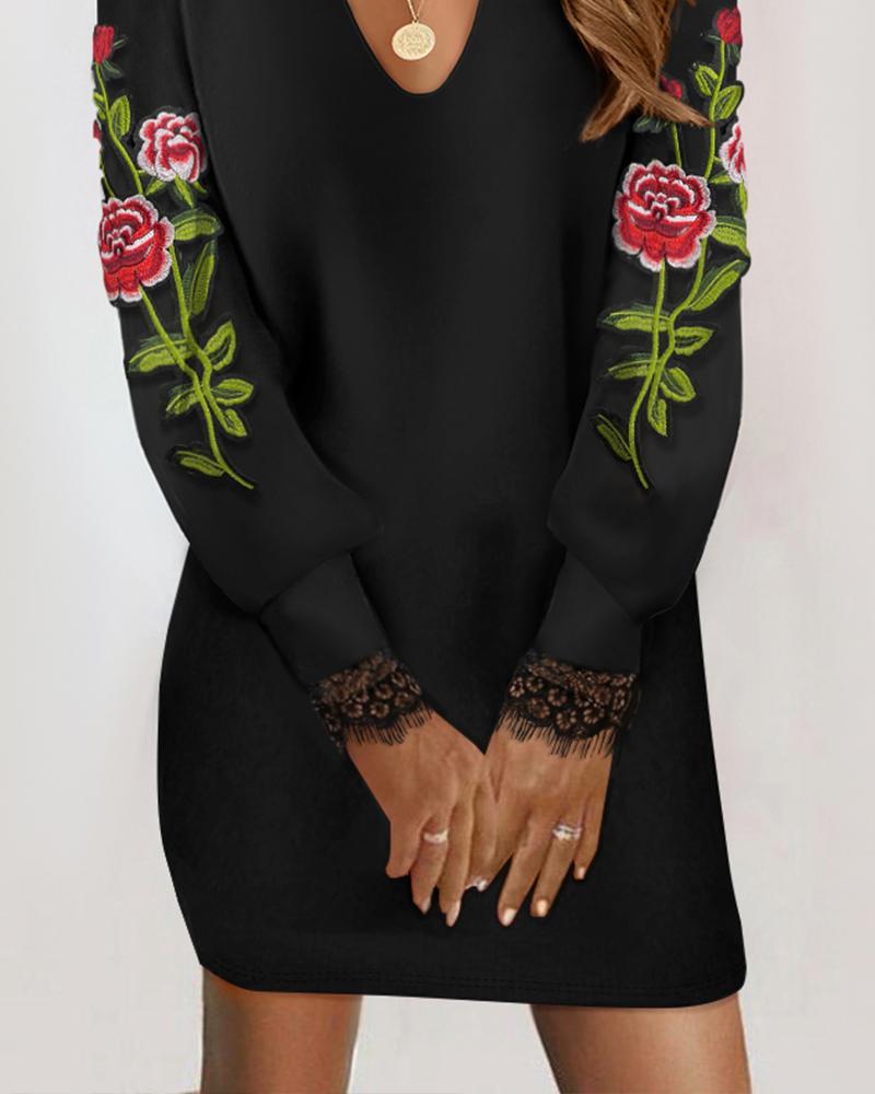 Rose Embroidery Eyelash Lace Trim Casual Dress
