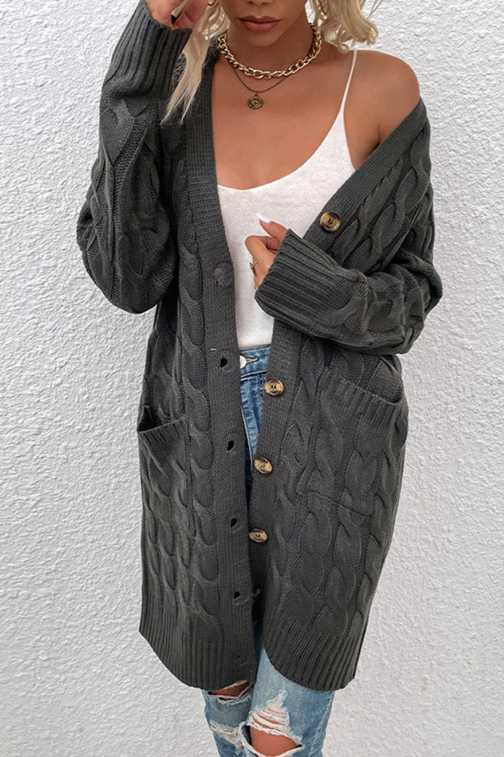 cable knit button front duster cardigan