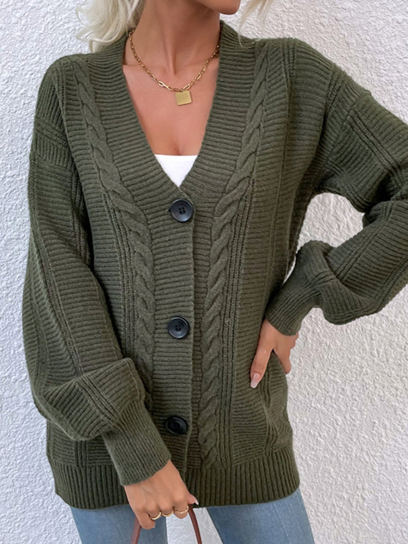 cable knit button down ribbed trim cardigan