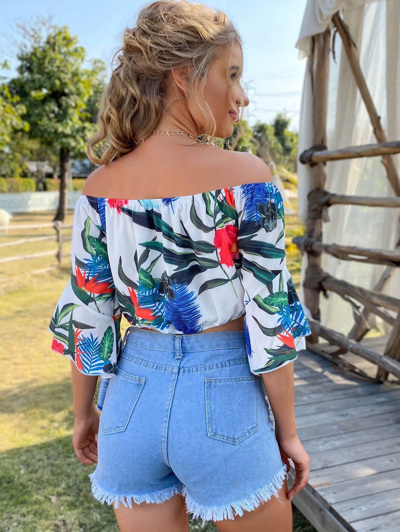 botanical print bell sleeve cropped top