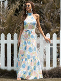 floral mock neck sleeveless tiered maxi dress