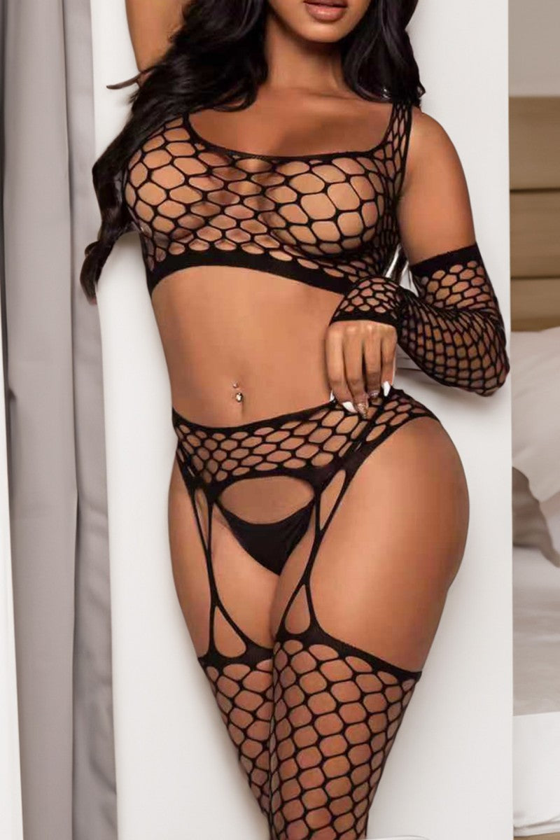 Sexy Living Solid Hollowed Out See-through Backless Lingerie Three Piece Set