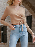 front tie cropped rib knit sweater