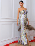 multicolored chevron sequin slit strapless dress