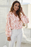 floral print v neck bubble sleeve blouse