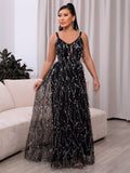 sequin tied backless plunge spaghetti strap mesh maxi dress