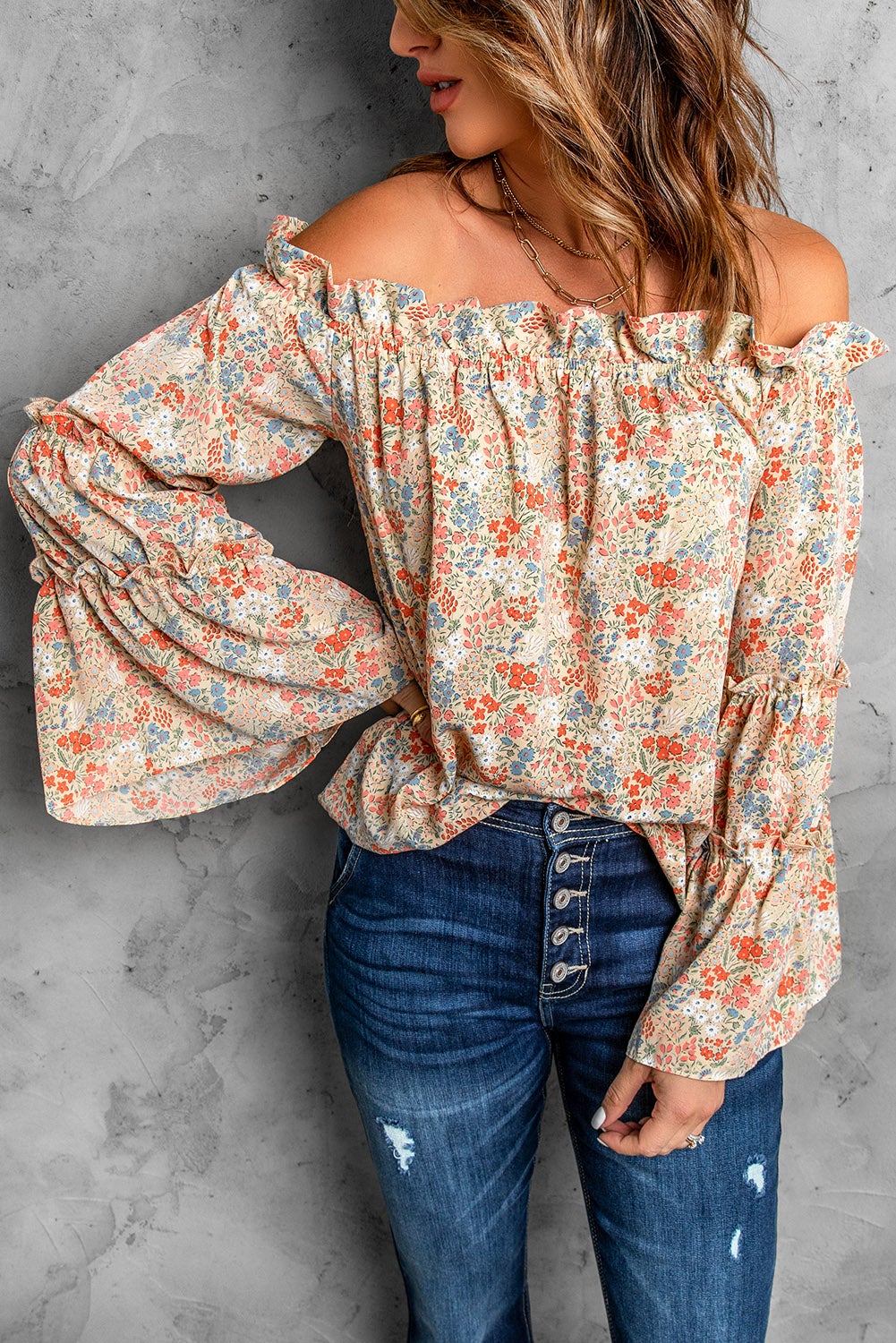 floral off shoulder flare sleeve blouse